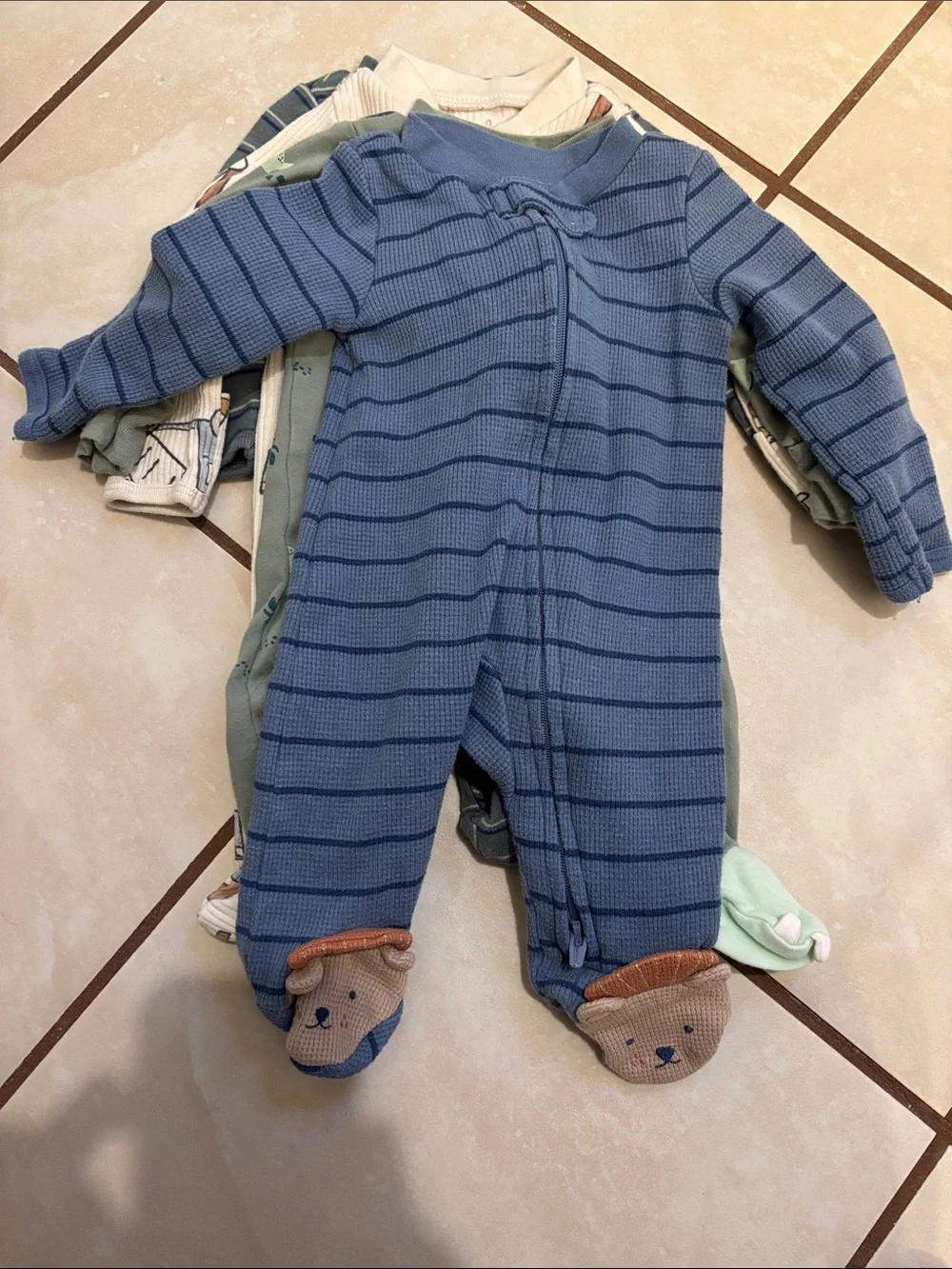 Carter's Boys Footed One-Piece Set in Green, Blue, Cream